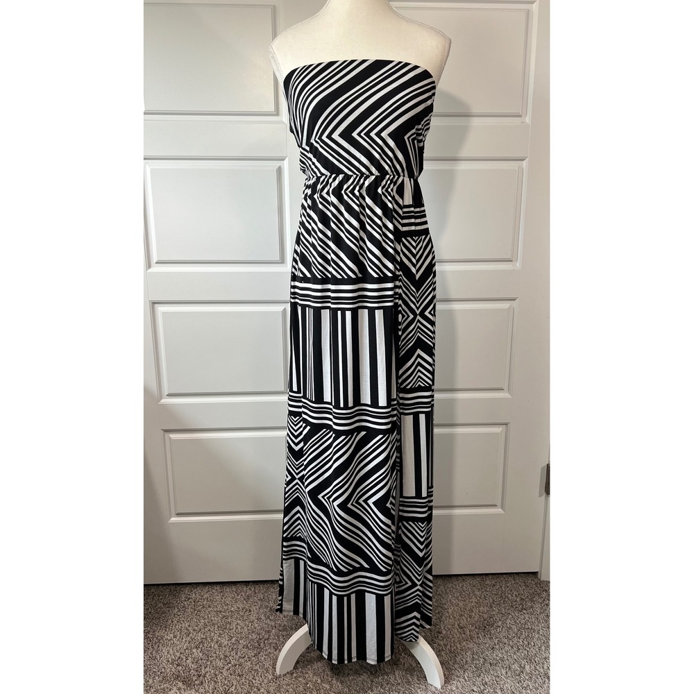 Black & White Striped Strapless Maxi Dress